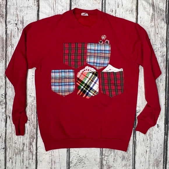 Vintage 80s Pockets Red Ugly Sweater 1980s Crewneck Pullover Sweatshirt - Picture 1 of 5